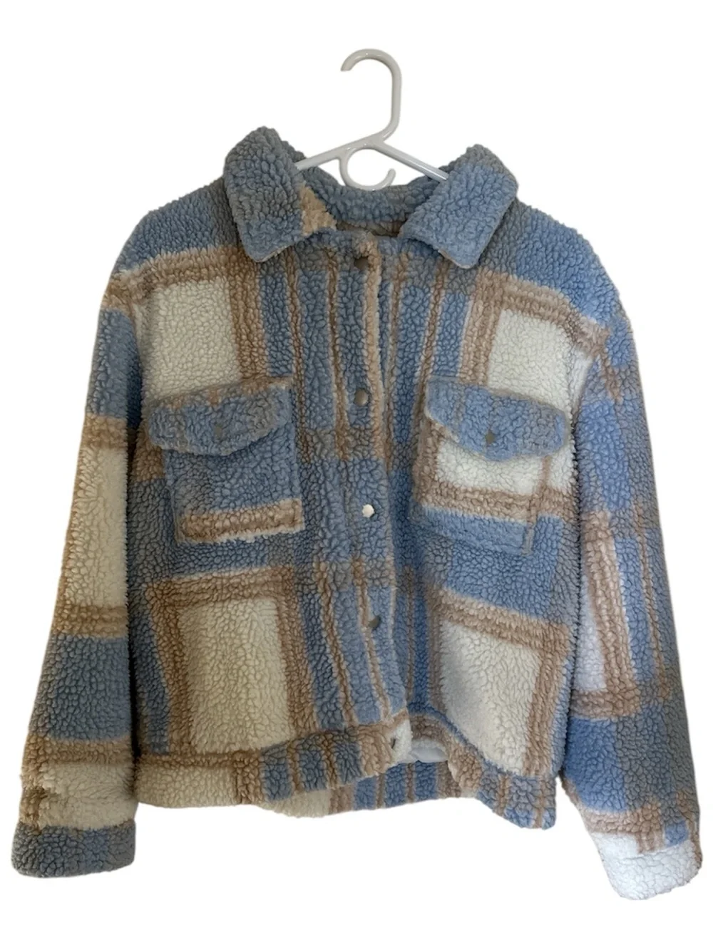 Blue and Cream Sherpa Plaid  Jacket
